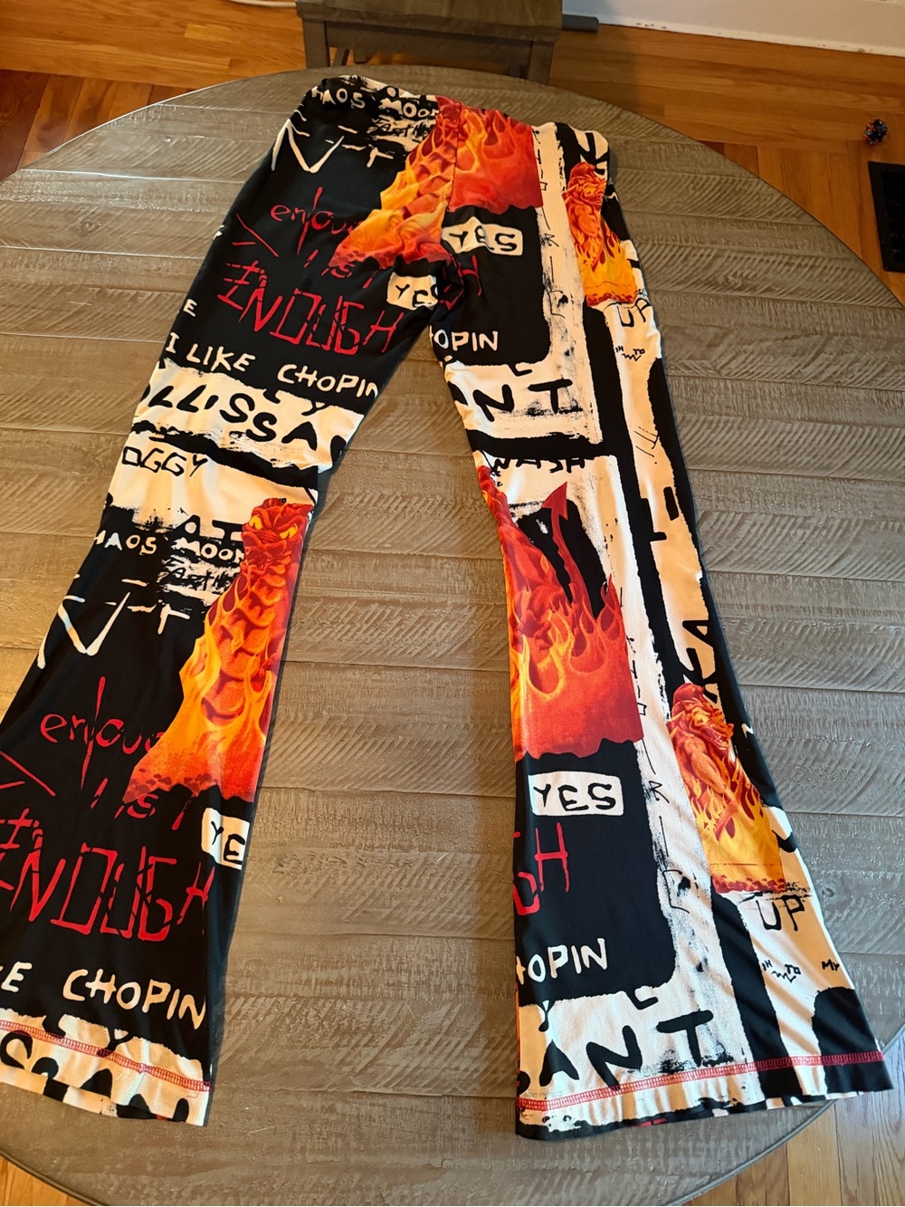 Trendy boutique Black Pants with Orange Flame & White Graffiti Print